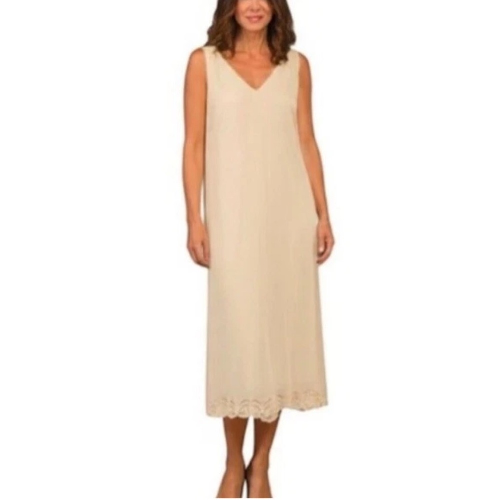 Talbots Irish Linen Butter Yellow V Neck Lined Lace Trim Midi Dress size 10
